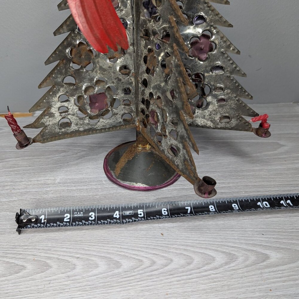 Vintage Primitive Folk Art Metal Christmas Tree Candle Holder with Red Star 12" - Picture 11 of 12
